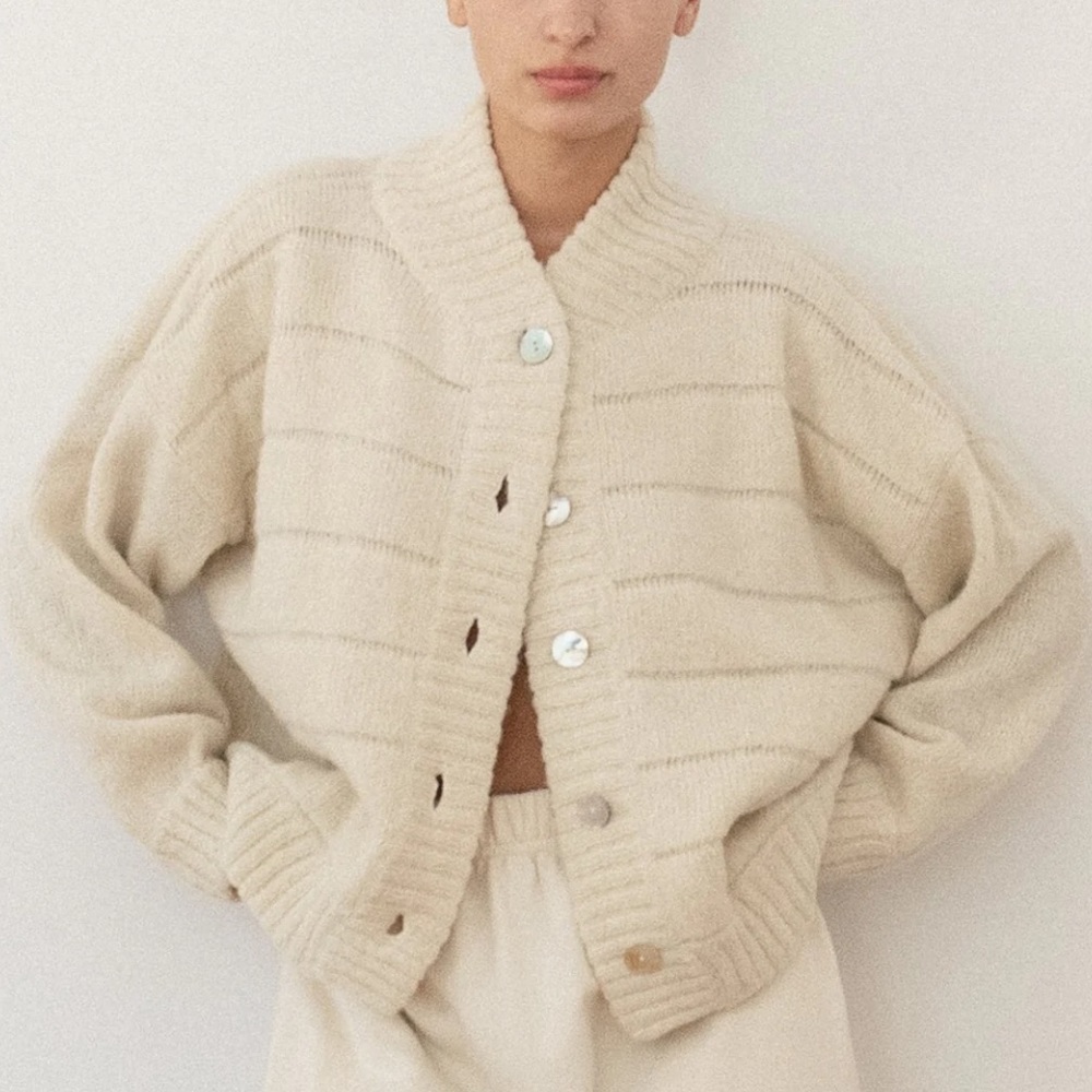 Wol Hide Quilted Bomber in Ecru. lofty alpaca knit. size M/L